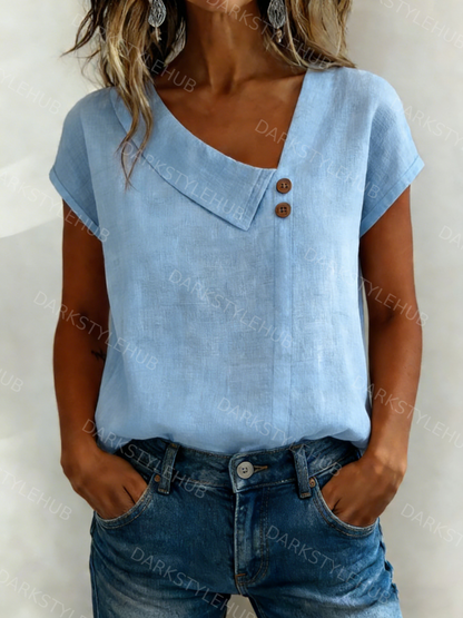 Women's Casual Solid Color V-Neck Short Sleeve Cotton and Linen Button Top
