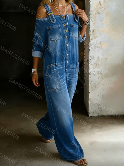 Women's Solid Color Off-shoulder Cozy Casual Cotton Denim Jumpsuit