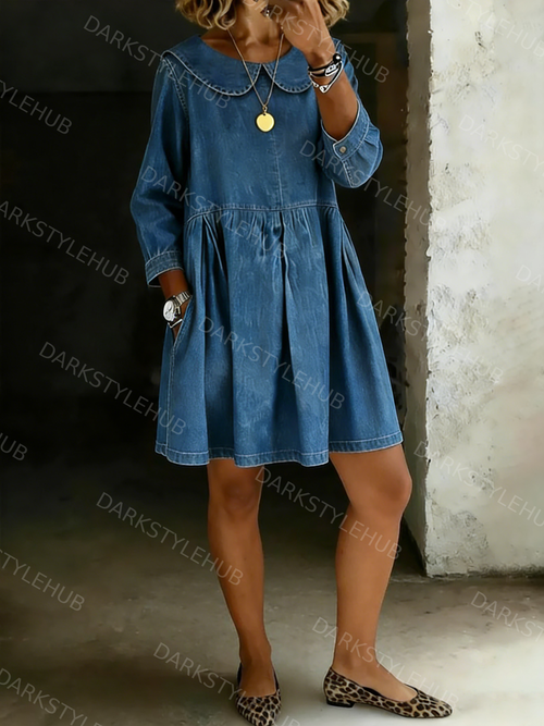 Women's Solid Color Peter Pan Collar Long-sleeved Casual Loose Denim Skirt