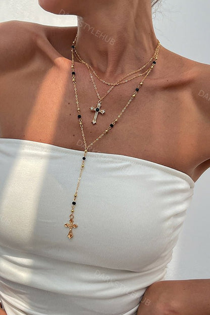 Fashionable Diamond Cross Chain Elegant Multi-layered Necklace