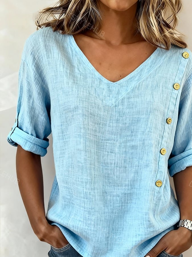 Women'S Casual Solid Color Cotton And Linen Button-Up Top