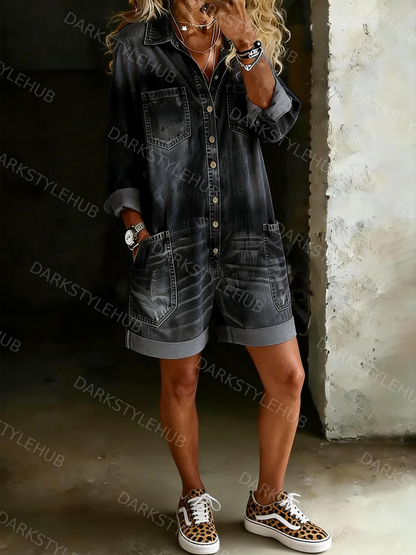 Women's Solid Color Casual Cotton Denim Jumpsuit Shorts