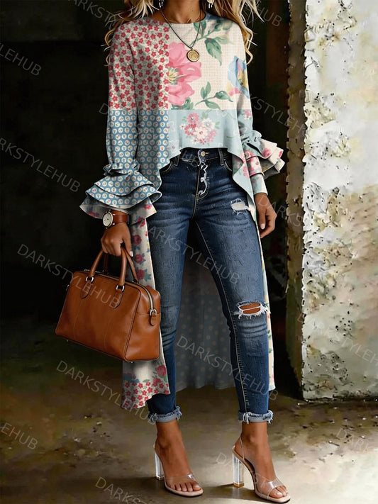 Women's Vintage Ethnic Floral Print Casual Solid Color Cotton Shirt