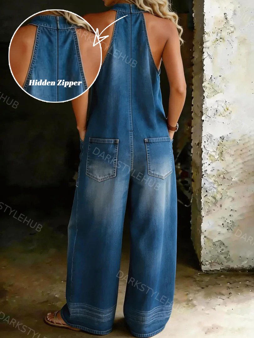Women's Casual Loose Halter Neck Denim Jumpsuit with Hidden Zipper